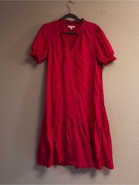 100% Cotton Bright Pink Ruffle-Hem Midi Dress with Puff Sleeves